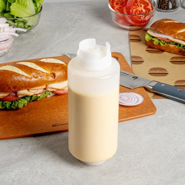 Alt view image 4 of 6 - 32oz. FIFO Inverted Plastic Squeeze Bottle with Refill and Dispensing Lids - First In First Out - Perfect for Restaurants, Catering, and Food Trucks - 1ct box