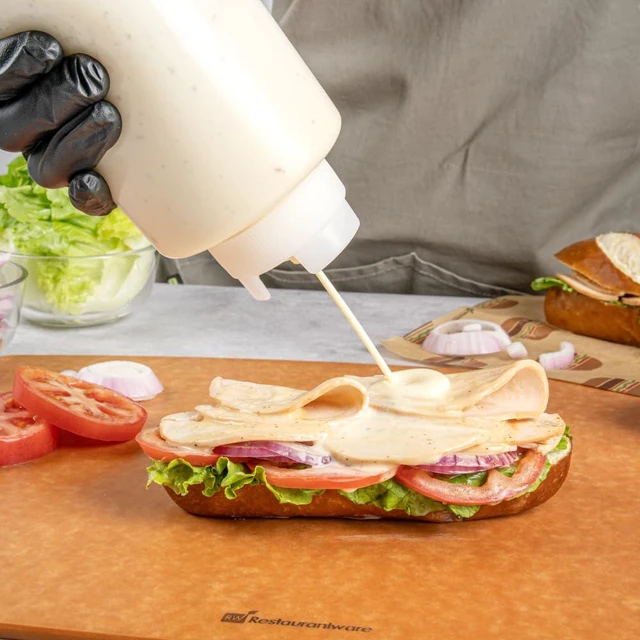 Alt view image 5 of 6 - 32oz. FIFO Inverted Plastic Squeeze Bottle with Refill and Dispensing Lids - First In First Out - Perfect for Restaurants, Catering, and Food Trucks - 1ct box