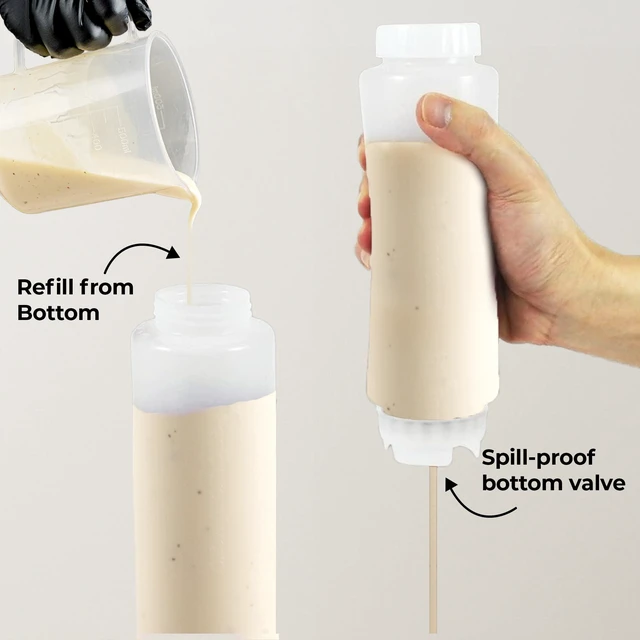 Alt view image 4 of 7 - 16oz. FIFO Inverted Plastic Squeeze Bottle with Refill and Dispensing Lids - First In First Out - Perfect for Restaurants, Catering, and Food Trucks - 1ct box