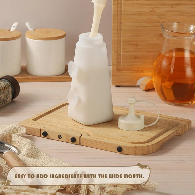 Alt view image 6 of 7 - 10oz Silicone Squeeze Bottle Leak Proof Condiment Dispenser with Lid & Measurement Marks White Sauce Container for Ketchup Oil Syrup Salad Dressing