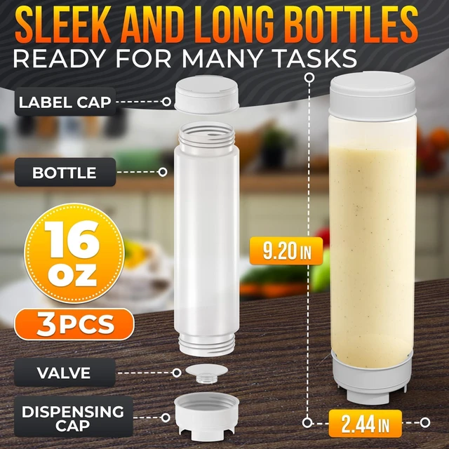 Alt view image 2 of 7 - 3 Pcs 16 oz Inverted Condiment Squeeze Bottles for Sauces, Refillable | Clear Squeeze Sauce Bottles, Self-Closing Valve, Sealing Gaskets, Easy-Fill Wide Mouth, for Ketchup, Mustard, and BBQ