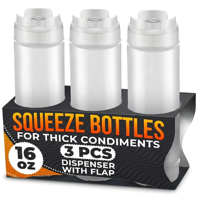 Main image of 3 Pcs 16 oz Inverted Condiment Squeeze Bottles for Sauces, Refillable | Clear Squeeze Sauce Bottles, Self-Closing Valve, Sealing Gaskets, Easy-Fill Wide Mouth, for Ketchup, Mustard, and BBQ