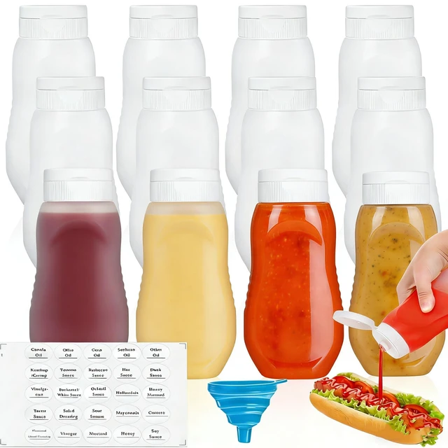 Main image of 12 Pack Condiment Squeeze Bottles, 12 oz Plastic Squirt Bottles with Flip Top Cap, Reusable Empty Sauce Containers with Labels & Silicone Funnels for Ketchup, Mustard, Syrup, Salad Dressings