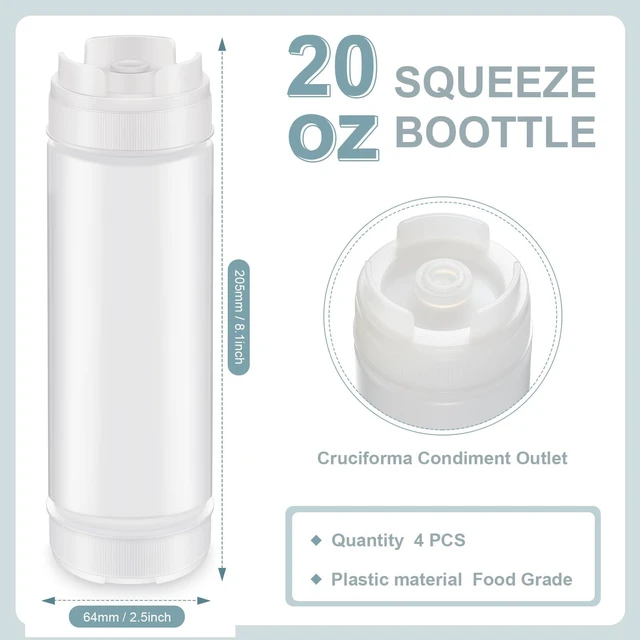 Alt view image 2 of 7 - 4 Pcs 20 oz Inverted Squeeze Bottles Condiment Dispenser, White | Upside Down Self Sealing Valve, Refillable for Sauces Ketchup Syrup, Large Tip for Restaurants, Sour Cream Mayo Dispenser