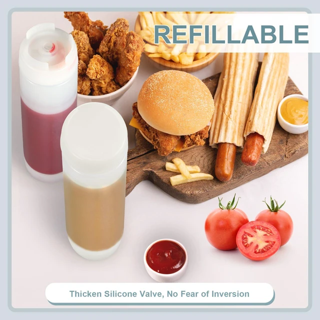 Alt view image 3 of 7 - 4 Pcs 20 oz Inverted Squeeze Bottles Condiment Dispenser, White | Upside Down Self Sealing Valve, Refillable for Sauces Ketchup Syrup, Large Tip for Restaurants, Sour Cream Mayo Dispenser