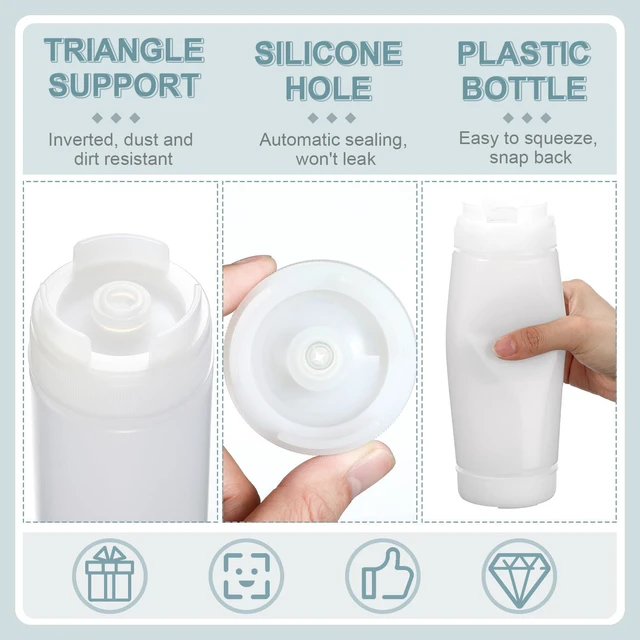 Alt view image 6 of 7 - 4 Pcs 20 oz Inverted Squeeze Bottles Condiment Dispenser, White | Upside Down Self Sealing Valve, Refillable for Sauces Ketchup Syrup, Large Tip for Restaurants, Sour Cream Mayo Dispenser