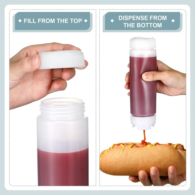 Alt view image 7 of 7 - 4 Pcs 20 oz Inverted Squeeze Bottles Condiment Dispenser, White | Upside Down Self Sealing Valve, Refillable for Sauces Ketchup Syrup, Large Tip for Restaurants, Sour Cream Mayo Dispenser