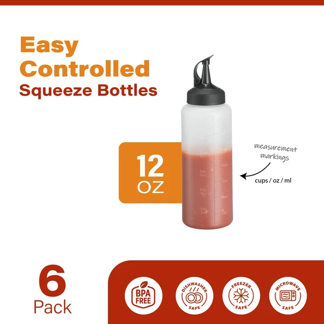 Alt view image 2 of 6 - 6 Pack Squeeze Bottles for Sauces & Liquids - 12 Oz Easy Pour, Leak Proof Snap Cap Condiment Bottles
