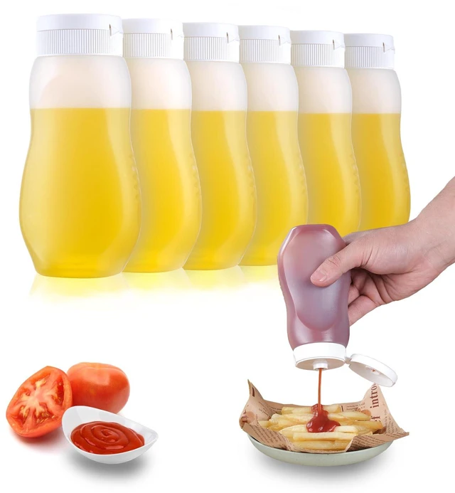 Main image of 6 pack Condiment Squeeze Bottles for Sauces 12oz with Flip Top, Hot Sauce Bottles with Caps for Oil, Camping Condiment Containers BBQ Sauce, Oil Bottles