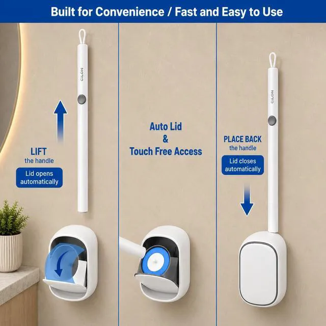 Alt view image 3 of 7 - Disposable Toilet Brush, Toilet Wand Cleaning System, Bowl Scrubber | Flip-Top Hands-Free Wall-Mounted Toilet Bowl Brush & Holder with 30 Disposable Cleaning-Fluid Scrubbing Pads for Hygienic Use
