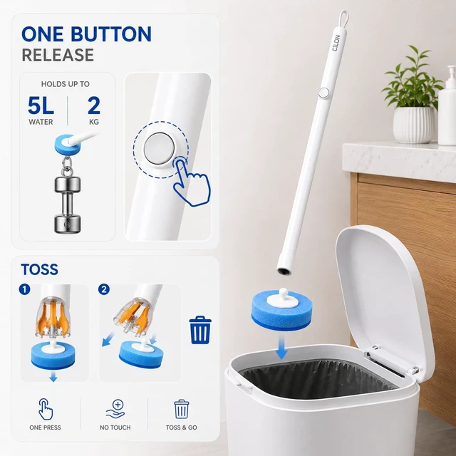 Alt view image 6 of 7 - Disposable Toilet Brush, Toilet Wand Cleaning System, Bowl Scrubber | Flip-Top Hands-Free Wall-Mounted Toilet Bowl Brush & Holder with 30 Disposable Cleaning-Fluid Scrubbing Pads for Hygienic Use