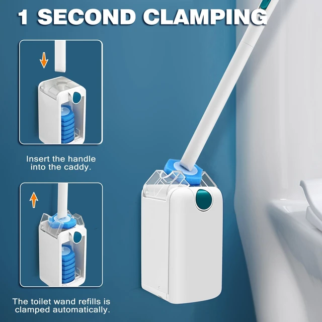 Alt view image 2 of 6 - Disposable Toilet Brush, Toilet Bowl Wand Holder Set with Upgraded Clamping System, 16PCS Cleaner Refills, Bathroom Cleaning Tool for Sink Bathtub Drain Wash Basin Urinal