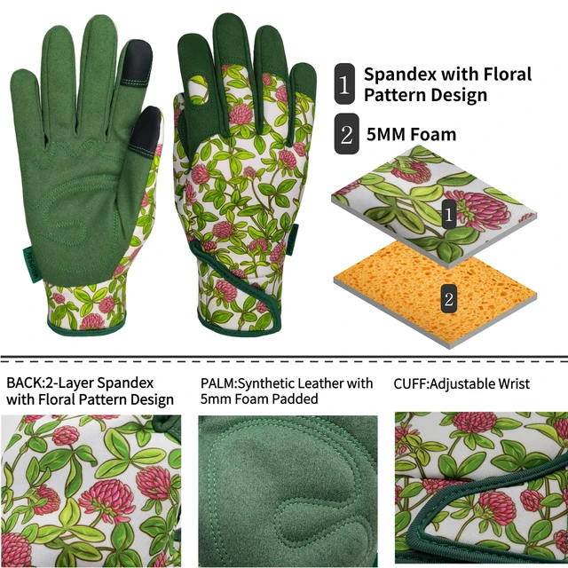 Alt view image 3 of 7 - Gardening Gloves Women,Garden Glove,Gardener's Gift,Green,Medium | Spandex,Cute Pattern,Synthetic Leather,Touchscreen,Machine Washable,Flexible Fit,Protection Palm,Gardening Gifts