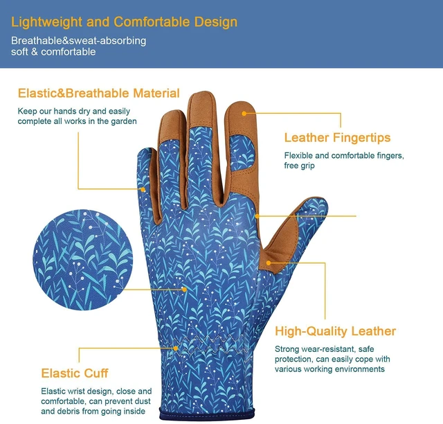 Alt view image 2 of 6 - Gardening Gloves for Women, Leather Garden Gloves, One Size | Breathable Garden Gloves with a Padded Palm, Flexible Fit and Elastic Wrist for Weeding, Digging, Planting and Pruning