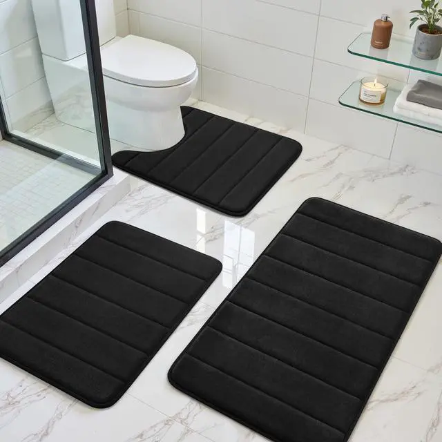 Main image of Black Memory Foam Bathroom Rug Set 17"x24"+20"x32"+U20 x24 | Non Slip Extra Soft Absorbent Machine Washable Toilet Bath Toilet Mat for Shower