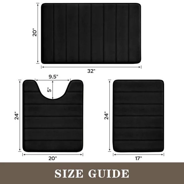 Alt view image 7 of 7 - Black Memory Foam Bathroom Rug Set 17"x24"+20"x32"+U20 x24 | Non Slip Extra Soft Absorbent Machine Washable Toilet Bath Toilet Mat for Shower