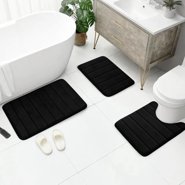 Alt view image 5 of 7 - Black Memory Foam Bathroom Rug Set 17"x24"+20"x32"+U20 x24 | Non Slip Extra Soft Absorbent Machine Washable Toilet Bath Toilet Mat for Shower