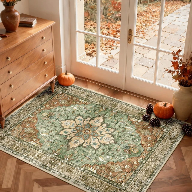 Alt view image 5 of 7 - Washable Area Rug, Small 2'x3', Brick/Brown/Green | Non-Slip, Water Repellent, Pet Friendly, Easy to Clean, Vintage Floral Boho Decor for Kitchen Entryway Bathroom