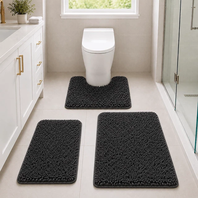 Alt view image 2 of 7 - Bathroom Rugs Set Non Slip 3 Piece Bath Mat Washable Chenille Bath Rugs with PVC Backing Bath Carpet,Absorbent Bathroom Mats with Toilet Rug,Bath Mats for Bathroom,Bedroom, Kitchen,Tub,Home Decor