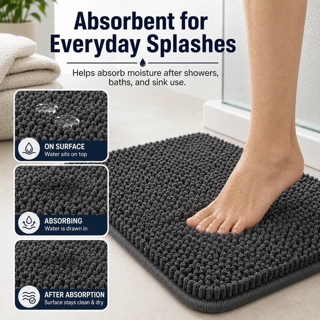 Alt view image 3 of 7 - Bathroom Rugs Set Non Slip 3 Piece Bath Mat Washable Chenille Bath Rugs with PVC Backing Bath Carpet,Absorbent Bathroom Mats with Toilet Rug,Bath Mats for Bathroom,Bedroom, Kitchen,Tub,Home Decor