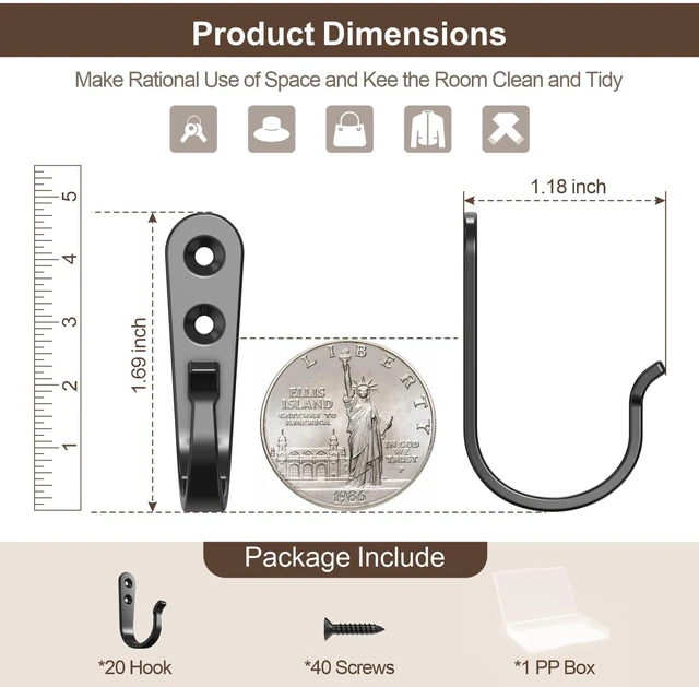 Alt view image 3 of 7 - 20Pack Towel Hooks for Bathroom, Heavy Duty Black Metal Wall Hooks | Wall Hooks for Robe, Coat, Kitchen, Closet, Garage Organizer, Outdoor Hanging