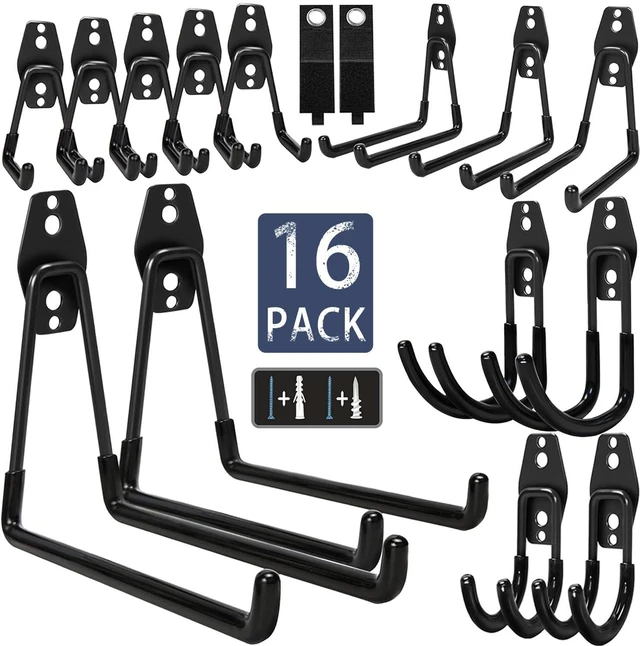 Main image of Steel Garage Storage Hooks-16 Pack Black Heavy Duty Wall Mount Hooks | Wall Hooks Heavy Duty for Hanging Bike, Ladder, Garden Tools,Broom,HoseAnti-Slip Coating Garage Wall Organization