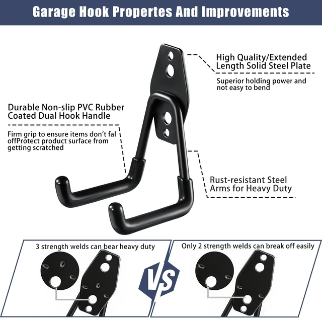 Alt view image 3 of 7 - Steel Garage Storage Hooks-16 Pack Black Heavy Duty Wall Mount Hooks | Wall Hooks Heavy Duty for Hanging Bike, Ladder, Garden Tools,Broom,HoseAnti-Slip Coating Garage Wall Organization