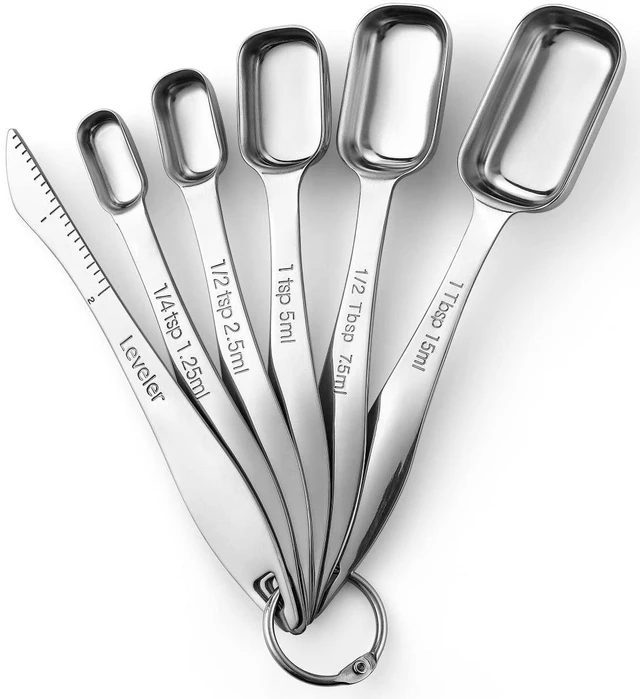 Main image of Stackable Stainless Steel Measuring Spoons Set of 6 w/Leveler | Rectangular Metric Metal Teaspoon & Tablespoon Measuring Spoons for Dry & Liquid Ingredients, Fits in Spice Jars, Long Handle