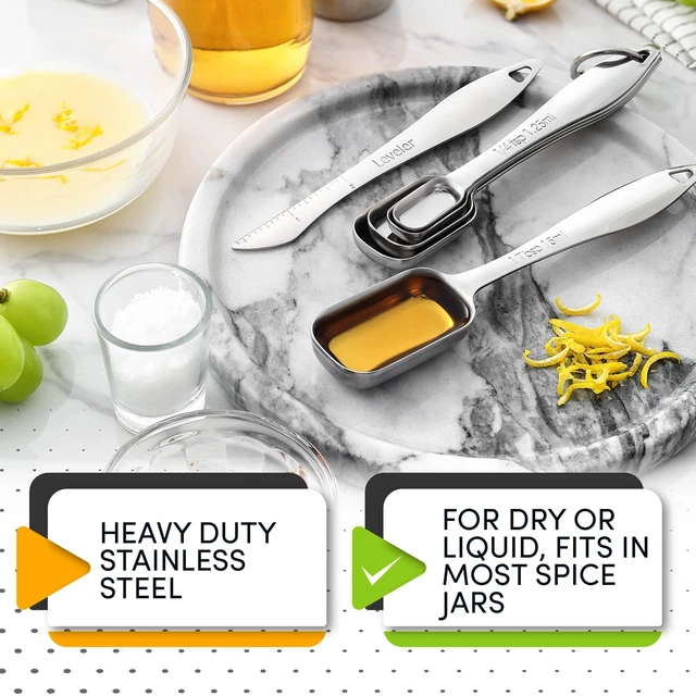 Alt view image 3 of 7 - Stackable Stainless Steel Measuring Spoons Set of 6 w/Leveler | Rectangular Metric Metal Teaspoon & Tablespoon Measuring Spoons for Dry & Liquid Ingredients, Fits in Spice Jars, Long Handle