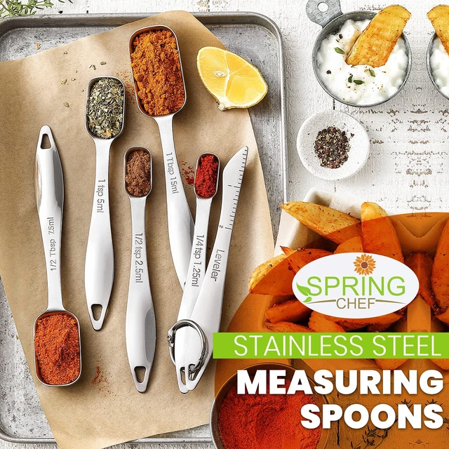 Alt view image 2 of 7 - Stackable Stainless Steel Measuring Spoons Set of 6 w/Leveler | Rectangular Metric Metal Teaspoon & Tablespoon Measuring Spoons for Dry & Liquid Ingredients, Fits in Spice Jars, Long Handle