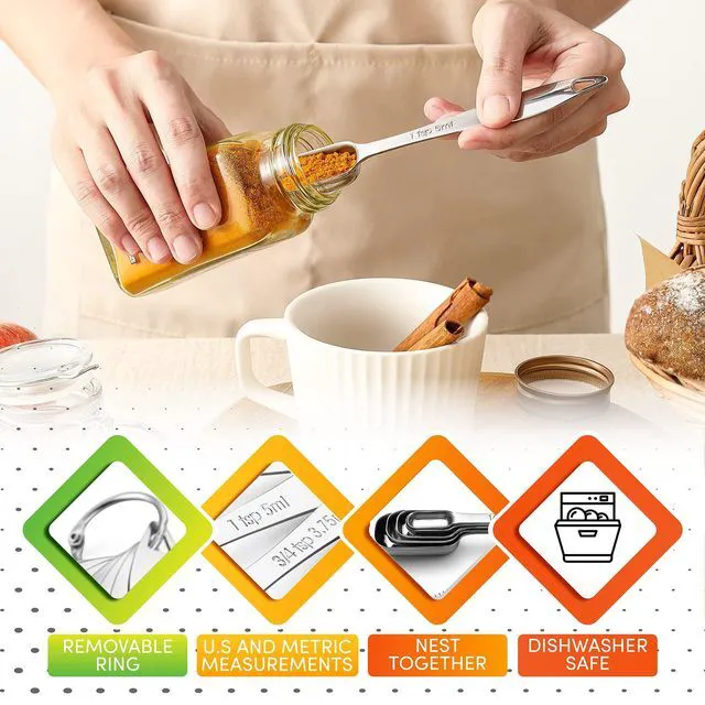 Alt view image 6 of 7 - Stackable Stainless Steel Measuring Spoons Set of 6 w/Leveler | Rectangular Metric Metal Teaspoon & Tablespoon Measuring Spoons for Dry & Liquid Ingredients, Fits in Spice Jars, Long Handle