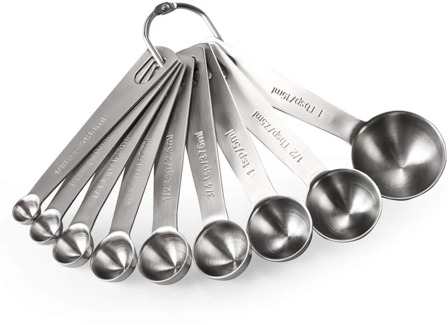 Main image of 18/8 Stainless Steel Measuring Spoons Set of 9, Teaspoon Tablespoon | Kitchen Metal Measure Set, 1/16tsp, 1/8tsp, 1/4tsp, 1/3tsp, 1/2tsp, 3/4tsp, 1tsp, 1/2tbsp, 1tbsp for Dry & Liquid Ingredients