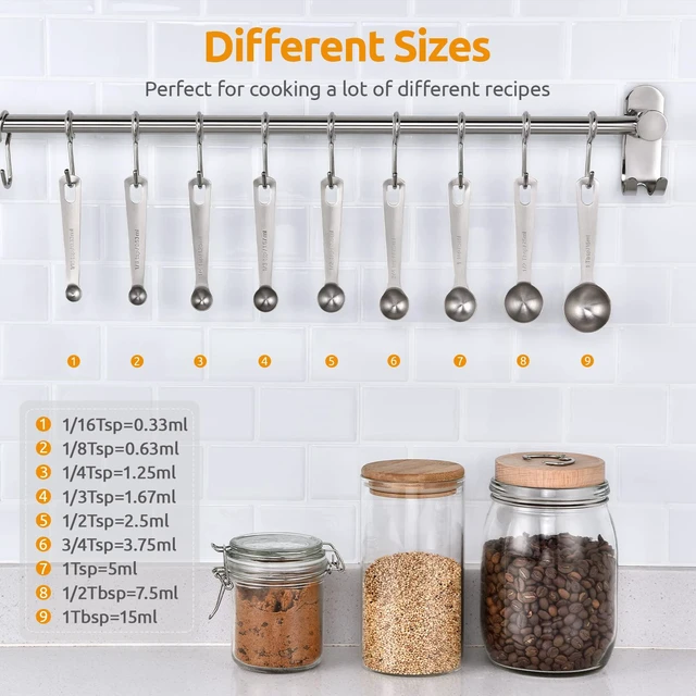 Alt view image 2 of 7 - 18/8 Stainless Steel Measuring Spoons Set of 9, Teaspoon Tablespoon | Kitchen Metal Measure Set, 1/16tsp, 1/8tsp, 1/4tsp, 1/3tsp, 1/2tsp, 3/4tsp, 1tsp, 1/2tbsp, 1tbsp for Dry & Liquid Ingredients