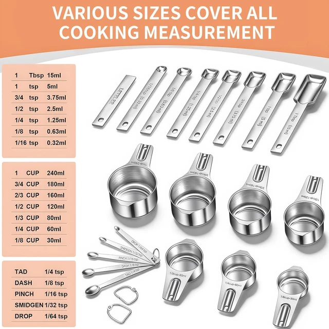 Alt view image 3 of 7 - Measuring Cups and Spoons Set, 7 Stainless Steel Nesting Measuring Cups & 7 Spoons, 5 Mini Measuring Spoons &1 Leveler, Kitchen Gadgets for Cooking & Baking, Square