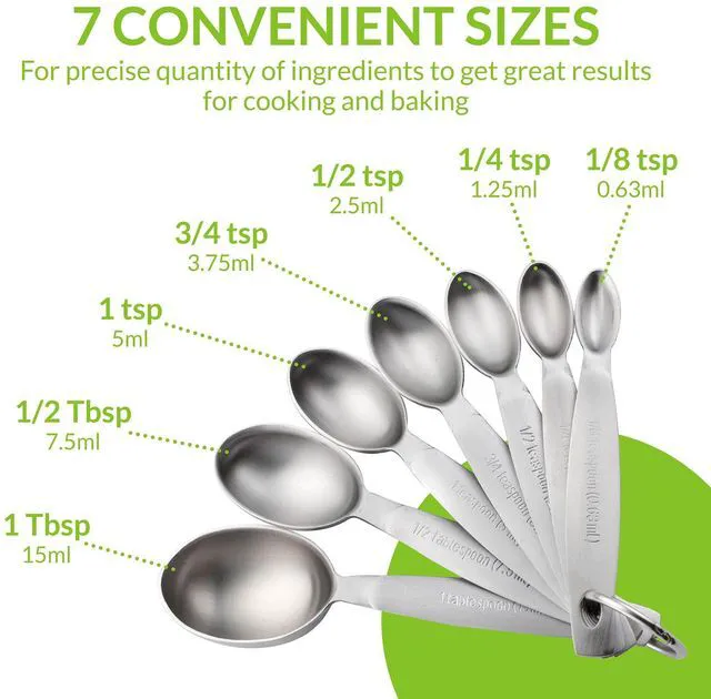Alt view image 2 of 7 - Stainless Steel Measuring Spoons Set of 7 with Leveler | Oval Metal Teaspoon & Tablespoon Measuring Spoons for Dry & Liquid Ingredients, Nesting Metric Spoons with Long Handle