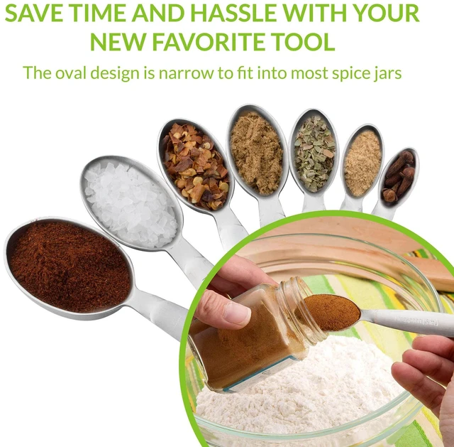 Alt view image 4 of 7 - Stainless Steel Measuring Spoons Set of 7 with Leveler | Oval Metal Teaspoon & Tablespoon Measuring Spoons for Dry & Liquid Ingredients, Nesting Metric Spoons with Long Handle