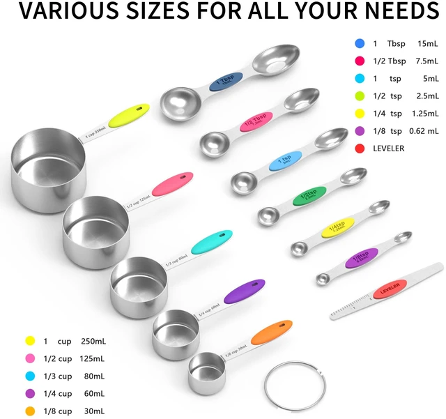 Alt view image 2 of 6 - measuring cups and magnetic measuring spoons set, stainless steel measuring cups, 6 double-sided stainless steel measuring spoons & 1 leveler (12)