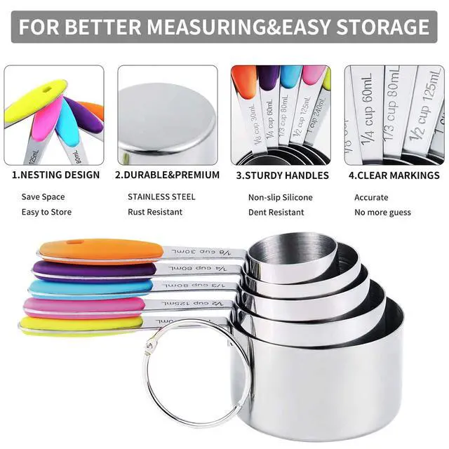 Alt view image 4 of 6 - measuring cups and magnetic measuring spoons set, stainless steel measuring cups, 6 double-sided stainless steel measuring spoons & 1 leveler (12)