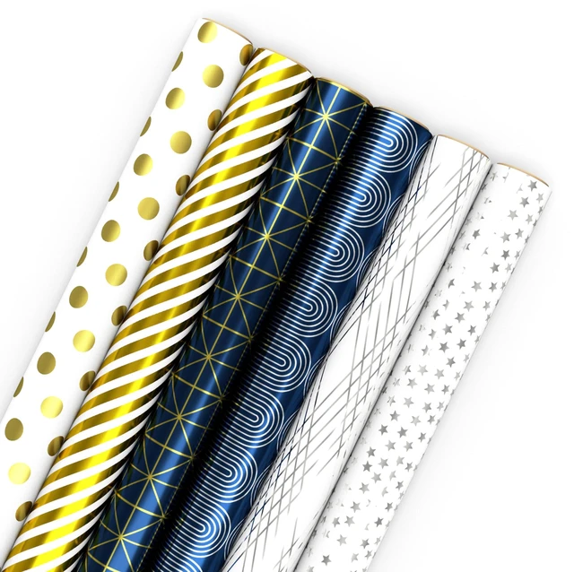 Main image of Bulk Wrapping Paper Rolls for Birthday, Wedding, Graduation Blue Metallic Gift Wrap Paper (Set of 6 Rolls: 180 Square Feet Total) Silver Stars, Gold Dots, Stripes, Navy