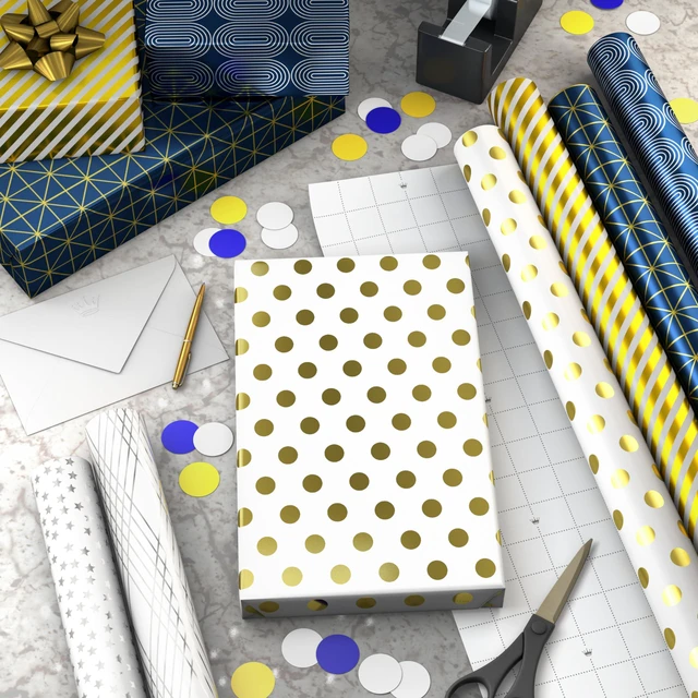 Alt view image 2 of 7 - Bulk Wrapping Paper Rolls for Birthday, Wedding, Graduation Blue Metallic Gift Wrap Paper (Set of 6 Rolls: 180 Square Feet Total) Silver Stars, Gold Dots, Stripes, Navy