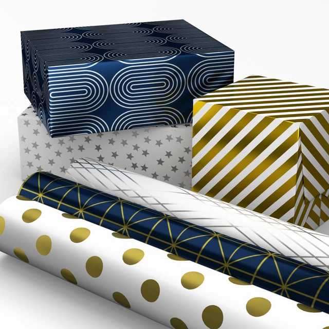 Alt view image 3 of 7 - Bulk Wrapping Paper Rolls for Birthday, Wedding, Graduation Blue Metallic Gift Wrap Paper (Set of 6 Rolls: 180 Square Feet Total) Silver Stars, Gold Dots, Stripes, Navy