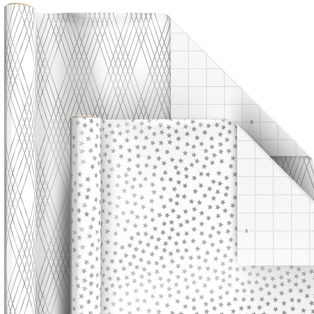 Alt view image 6 of 7 - Bulk Wrapping Paper Rolls for Birthday, Wedding, Graduation Blue Metallic Gift Wrap Paper (Set of 6 Rolls: 180 Square Feet Total) Silver Stars, Gold Dots, Stripes, Navy