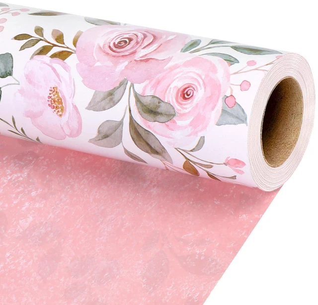Main image of Floral Wrapping Paper Pink Roses Design for Bridal Shower, Wedding | 17 inch X 33 feet, Reversible, Watercolor, Mother's Day, Valentine's Day
