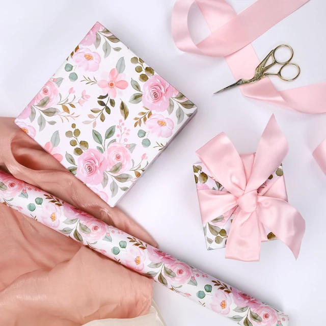 Alt view image 2 of 7 - Floral Wrapping Paper Pink Roses Design for Bridal Shower, Wedding | 17 inch X 33 feet, Reversible, Watercolor, Mother's Day, Valentine's Day