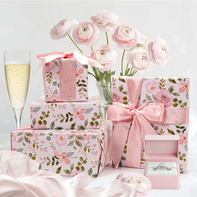 Alt view image 3 of 7 - Floral Wrapping Paper Pink Roses Design for Bridal Shower, Wedding | 17 inch X 33 feet, Reversible, Watercolor, Mother's Day, Valentine's Day
