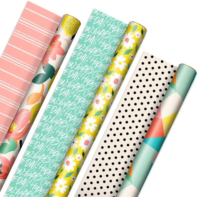 Main image of Reversible Wrapping Paper, 3 Rolls (Floral, Lemons, Abstract)