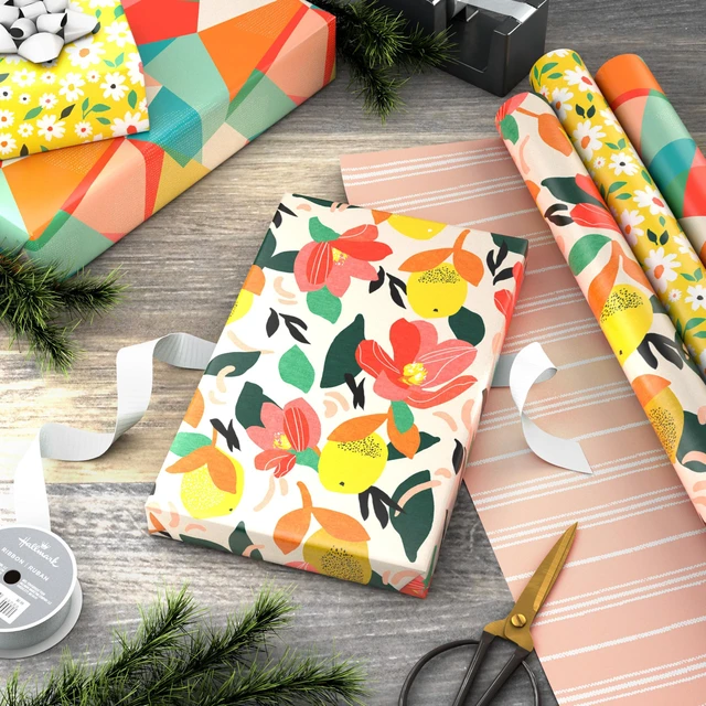 Alt view image 2 of 6 - Reversible Wrapping Paper, 3 Rolls (Floral, Lemons, Abstract)