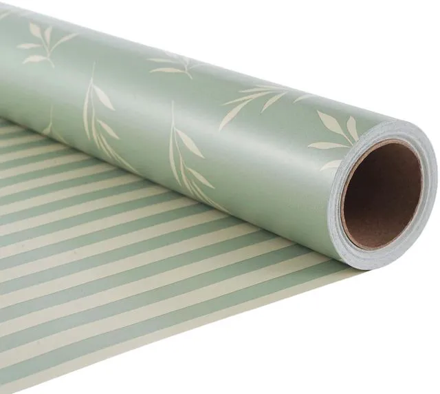 Main image of Reversible Gift Wrapping Paper Roll - Light Green Background with Beige Leaves - Green Stripe Design - for Birthdays,Weddings,Baby Showers,Mother's Day,Christmas - 17.5" x 33' (48 sq. ft.)