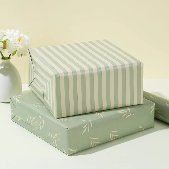 Alt view image 2 of 7 - Reversible Gift Wrapping Paper Roll - Light Green Background with Beige Leaves - Green Stripe Design - for Birthdays,Weddings,Baby Showers,Mother's Day,Christmas - 17.5" x 33' (48 sq. ft.)