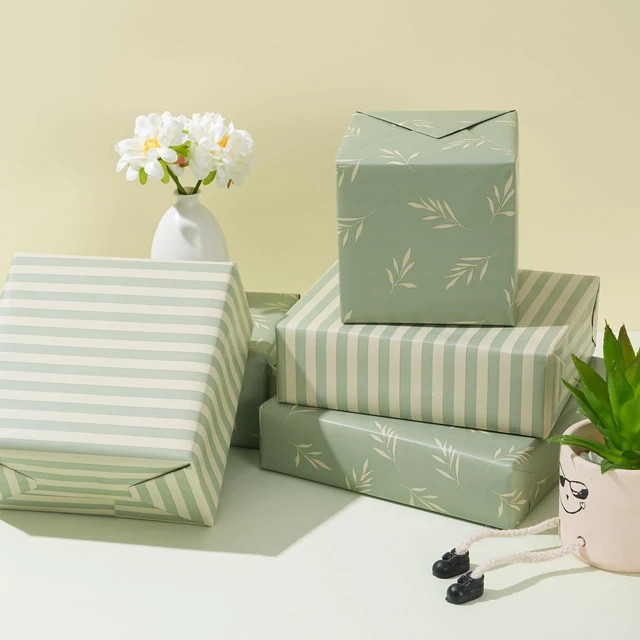 Alt view image 4 of 7 - Reversible Gift Wrapping Paper Roll - Light Green Background with Beige Leaves - Green Stripe Design - for Birthdays,Weddings,Baby Showers,Mother's Day,Christmas - 17.5" x 33' (48 sq. ft.)